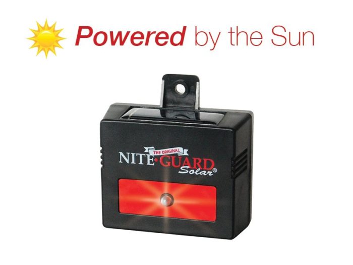 Nite Guard Solar light with text: Powered by the Sun