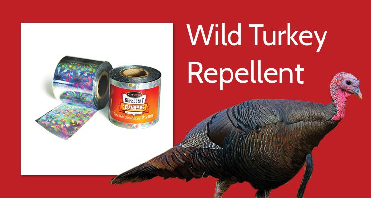 Photo of Wild Turkey and Nite Guard Repellent tape with the words: Wild Turkey Repellent